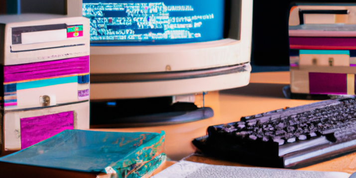 Imagem de uma mesa com vários livrose um computador antigo com código de programação visível na tela - criado pela Dall-e.