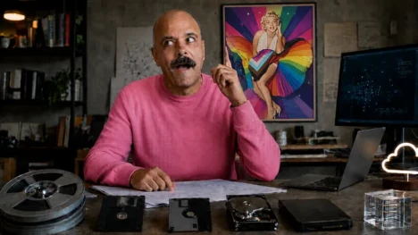 Imagem criada com inteligência artificial mostrando Régis Araújo em um ambiente que mistura tecnologia, arte e memória analógica. Cercado por disquetes, HDs antigos, computador e referências visuais pop e LGBTQIAPN+, ele aparece em pose reflexiva e bem-humorada, simbolizando alguém que envelheceu acompanhando diferentes eras da tecnologia, mas manteve intactas a curiosidade, a criatividade e a vontade de aprender.