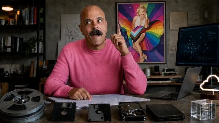 Imagem criada com inteligência artificial mostrando Régis Araújo em um ambiente que mistura tecnologia, arte e memória analógica. Cercado por disquetes, HDs antigos, computador e referências visuais pop e LGBTQIAPN+, ele aparece em pose reflexiva e bem-humorada, simbolizando alguém que envelheceu acompanhando diferentes eras da tecnologia, mas manteve intactas a curiosidade, a criatividade e a vontade de aprender.