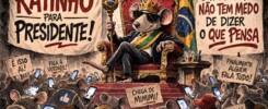 Esta imagem é uma ilustração satírica em estilo de desenho animado que retrata um rato grande e antropomórfico como um candidato presidencial brasileiro. O rato, usando óculos de sol e uma coroa, está sentado em um trono dourado adornado com a bandeira do Brasil. Ele veste uma faixa presidencial verde e amarela com o brasão de armas do Brasil e segura um cetro dourado com o brasão brasileiro. Uma grande multidão de ratos menores o rodeia, a maioria segurando smartphones e tirando fotos dele. Placas e faixas em português estão espalhadas pela multidão com slogans como "RATINHO PARA PRESIDENTE!", "O HOMEM QUE NÃO TEM MEDO DE DIZER O QUE PENSA", "É ISSO AI!", "FALA A VERDADE!", "CHEGA DE MIMIMI!" e "COMPARTILHA!". No canto inferior esquerdo, um rato veste uma camisa com o logotipo do Facebook. O cenário é um palco ou auditório com um pano de fundo de tecido e as bandeiras do Brasil e de Minas Gerais penduradas atrás do trono.