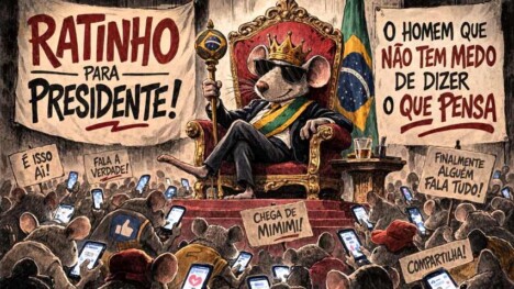 Esta imagem é uma ilustração satírica em estilo de desenho animado que retrata um rato grande e antropomórfico como um candidato presidencial brasileiro. O rato, usando óculos de sol e uma coroa, está sentado em um trono dourado adornado com a bandeira do Brasil. Ele veste uma faixa presidencial verde e amarela com o brasão de armas do Brasil e segura um cetro dourado com o brasão brasileiro. Uma grande multidão de ratos menores o rodeia, a maioria segurando smartphones e tirando fotos dele. Placas e faixas em português estão espalhadas pela multidão com slogans como "RATINHO PARA PRESIDENTE!", "O HOMEM QUE NÃO TEM MEDO DE DIZER O QUE PENSA", "É ISSO AI!", "FALA A VERDADE!", "CHEGA DE MIMIMI!" e "COMPARTILHA!". No canto inferior esquerdo, um rato veste uma camisa com o logotipo do Facebook. O cenário é um palco ou auditório com um pano de fundo de tecido e as bandeiras do Brasil e de Minas Gerais penduradas atrás do trono.